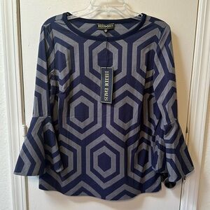 NWT Rare Heidi Daus Size M Top Blue Geometric Design NEW but AS IS